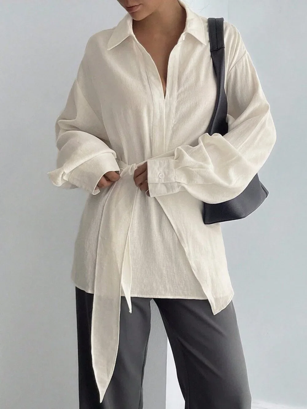 White Casual Women's Half-Placket Side Tie Long Sleeve Top